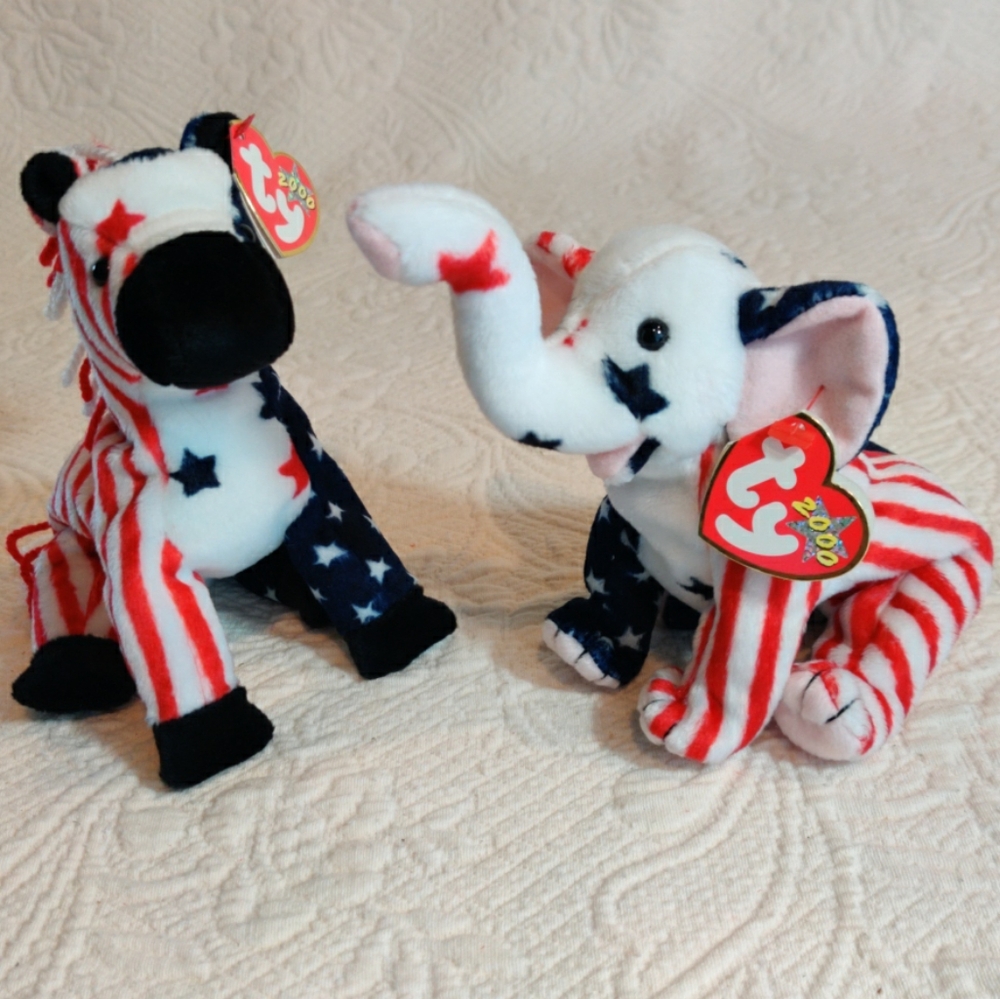 Ty Beanie Babies 2000 Stars & Stripes Donkey & Elephant Republican Democratic